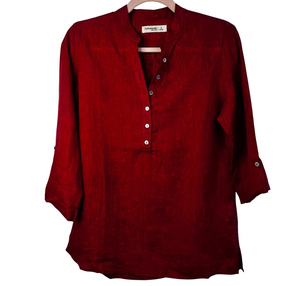 Red Linen Tunic Blouse Mandarin Collar Minimalist Shirt Cottonworld Small